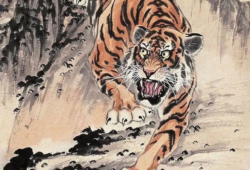 近現代畫虎大師胡爽庵作品欣賞，其水墨寫意虎，筆墨酣暢，神采自如，堪稱一絕